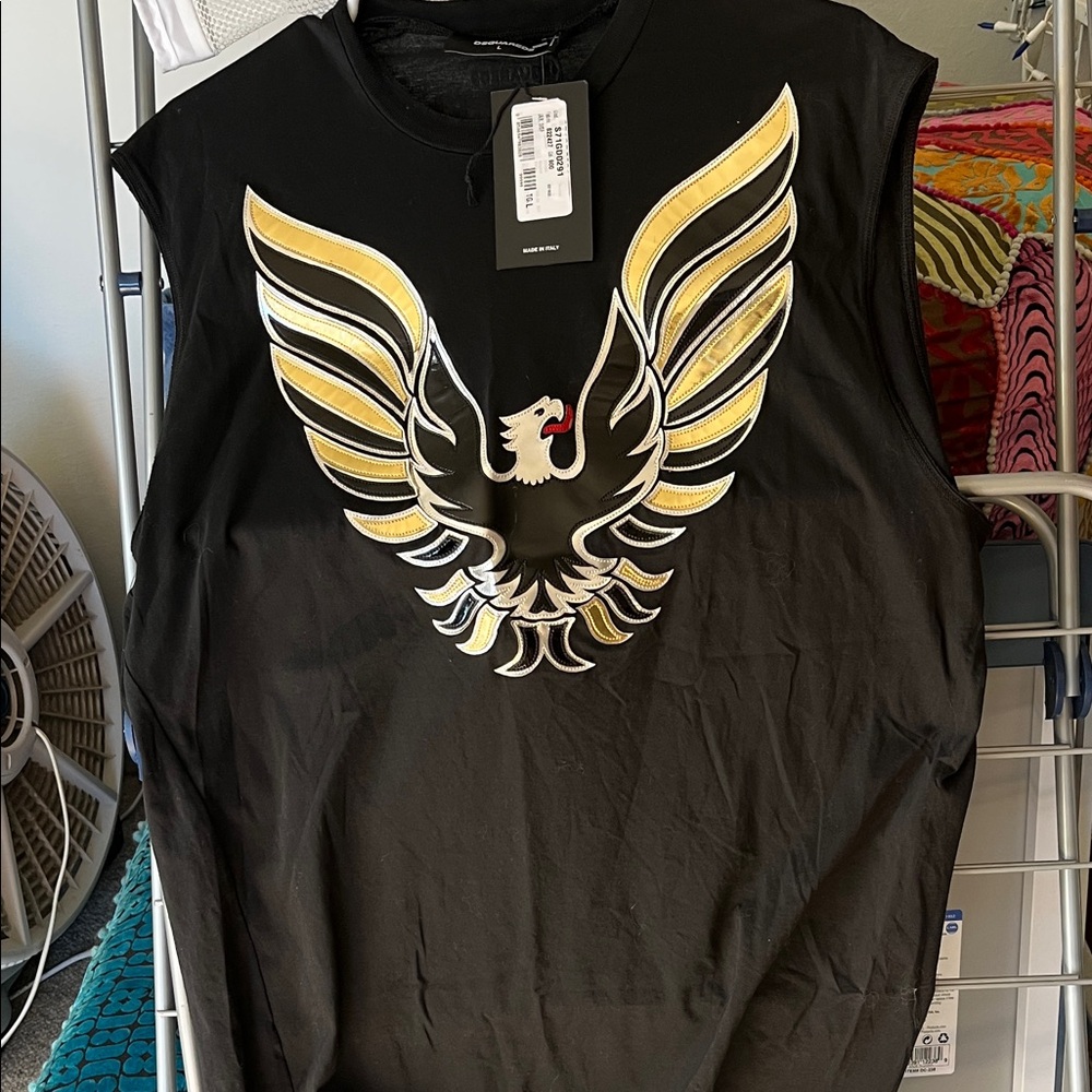 DSQUARED2 Black Tank Top with Gold and White Eagle Design